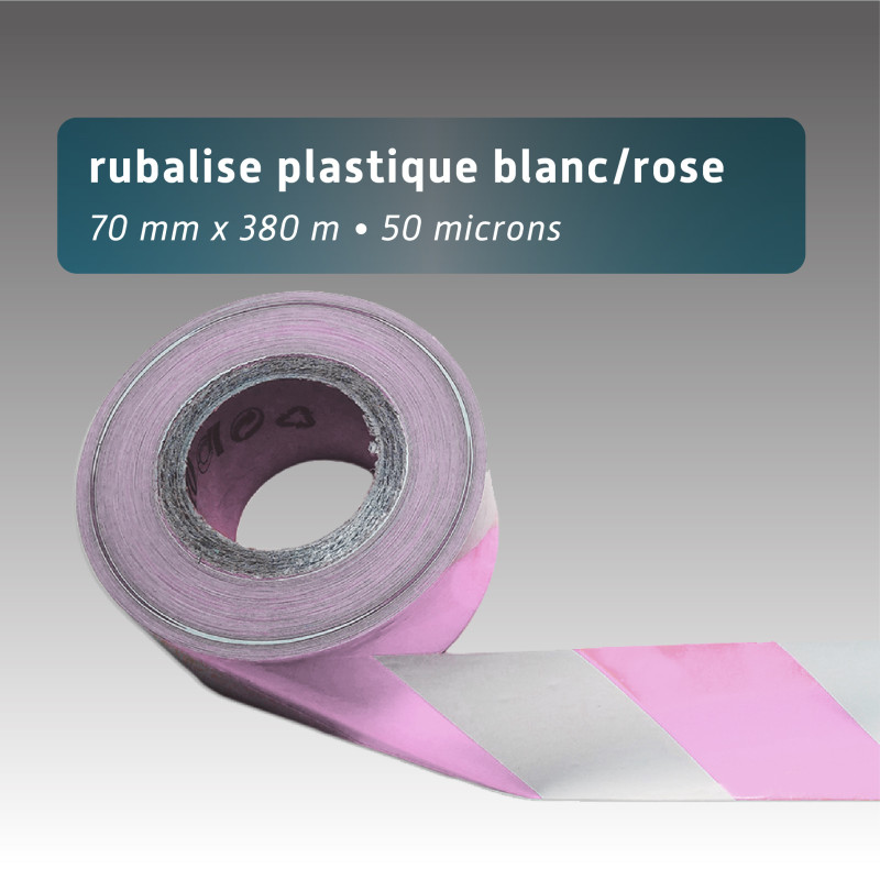 Rubalise plastique recyclée de chantier - 70mm*380m - blanc/rose