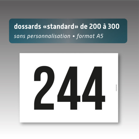 Dossards A5 numérotés 200 à 300 sans personnalisation | Impression noire