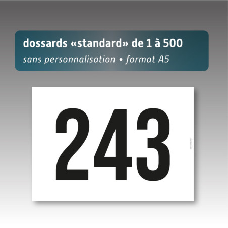 Dossards A5 numérotés de 1 à 500 sans personnalisation | Impression noire